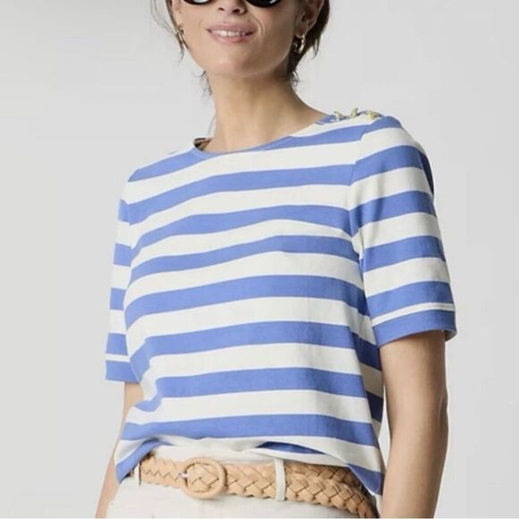 J. Crew Short-Sleeve Striped Button-Shoulder Tee in Vintage Peri Sz XL NWT CJ079 - Picture 1 of 6